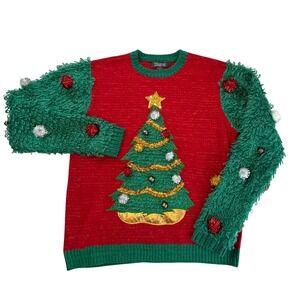 33 Degrees Womens Christmas Tree Ugly Sweater Pom Poms Tinsel Bells Size Large